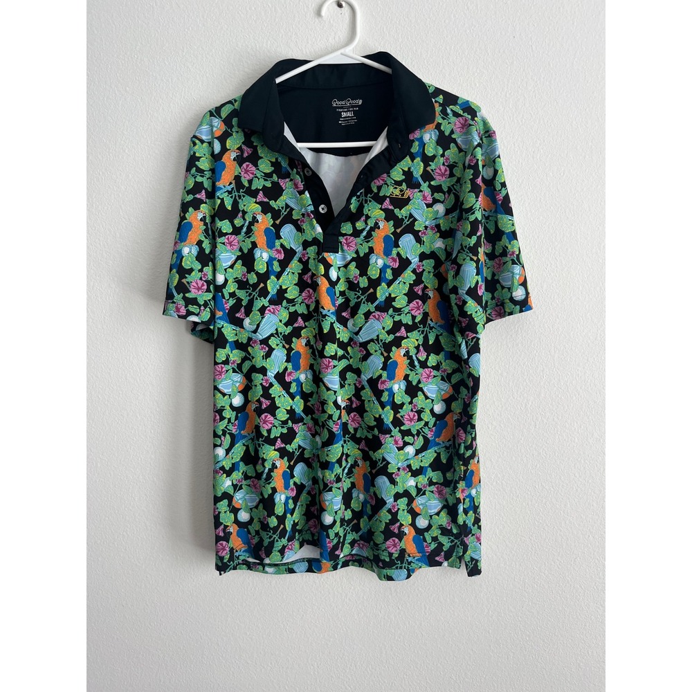 Good Good Golf Fighting For Par Mens S Tropical Parrot Floral Polo Shirt Black